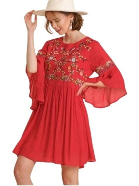 Umgee Dresses & Skirts - Umgee USA Womens Red Embroidered Bell Sleeve Boho Dress M Rayon Flowy Fit
